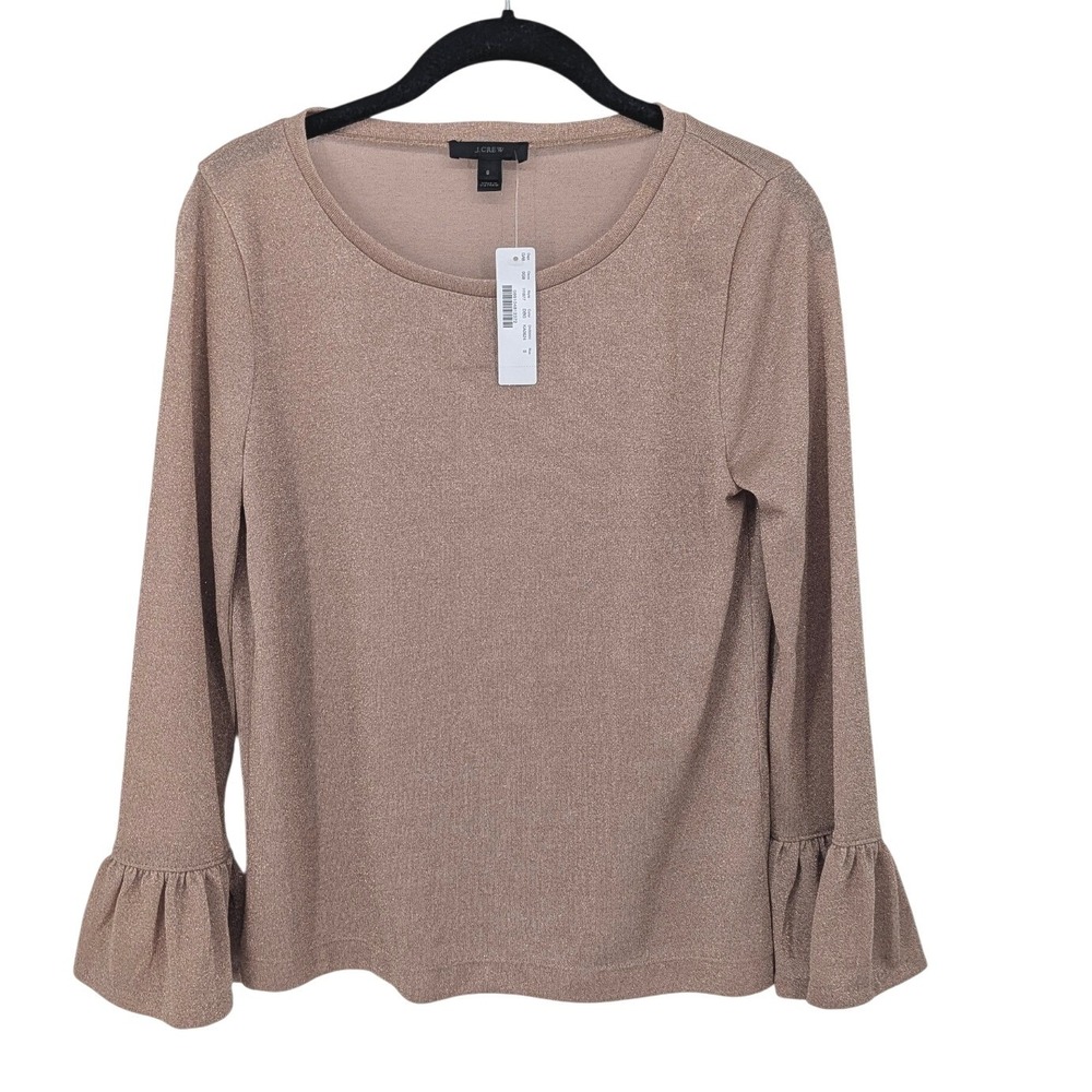 J Crew Top Women Small Rose Gold Metallic Ruffle Bell Sleeve Knit Blouse Party